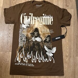 Brown Graphic Tee - Hooded Skeleton Design